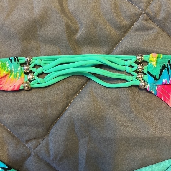 Damsel bikini bottoms multicolored w/ Silver balls & 6 green straps on sides - Picture 3 of 7